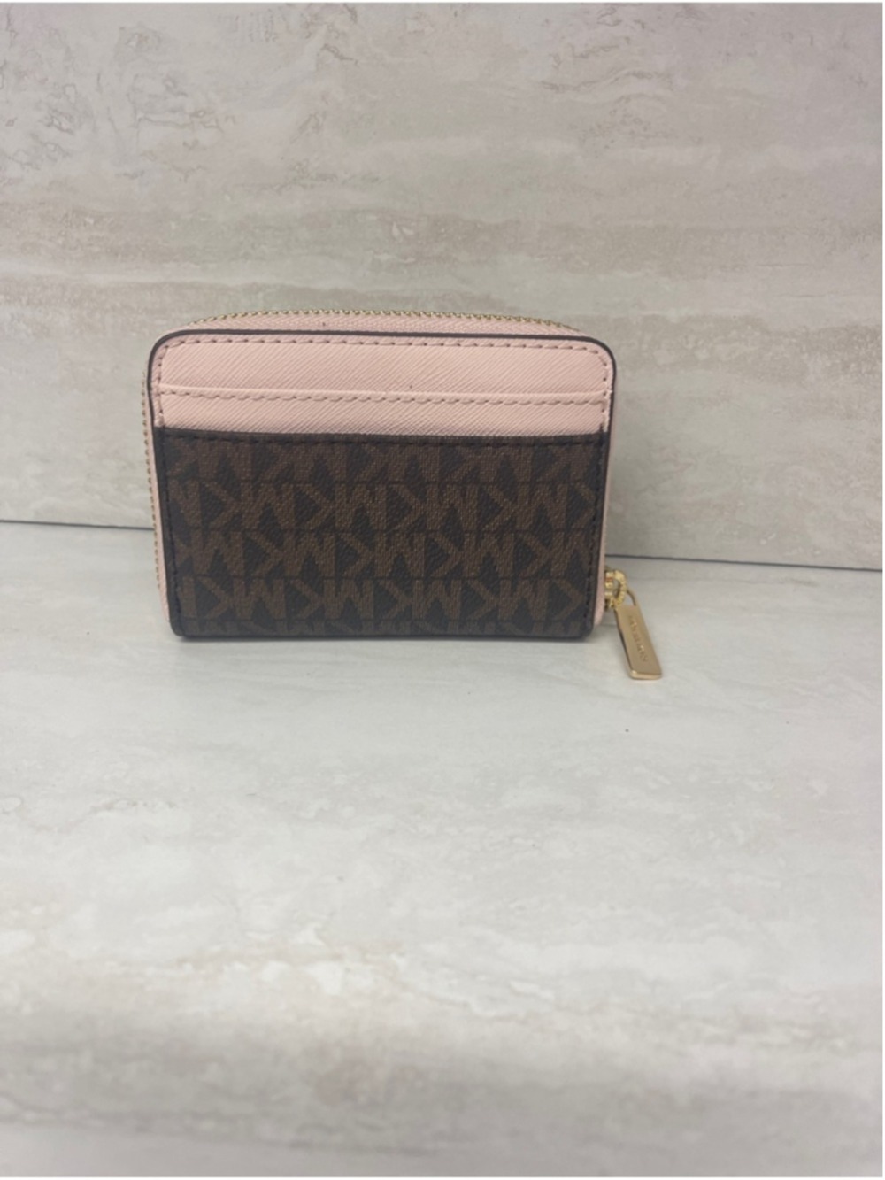 Michael Kors Small Zip Around Card Case Brown Logo Powder Blush - Picture 2 of 4